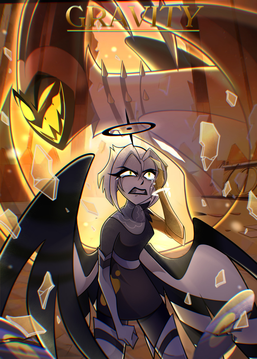 1boy, 1girl, absurdres, adam_(hazbin_hotel), angel, black_dress, black_wings, boots, broken_glass, chandllucky, clenched_hand, dress, english_text, glass, gloves, glowing, glowing_eyes, gravity_(hazbin_hotel), grin, halo, hazbin_hotel, hellaverse, highres, horns, lute_(hazbin_hotel), parted_bangs, sharp_teeth, short_hair, smile, teeth, thigh_boots, white_boots, white_gloves, wings, yellow_eyes