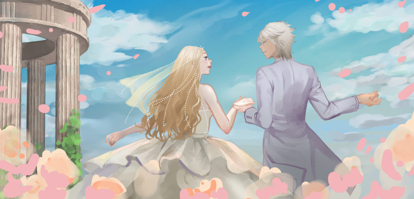 1boy, 1girl, alternate_skin_color, bare_arms, bare_shoulders, beads, blonde_hair, blue_eyes