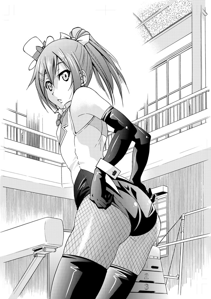 ass, copyright_request, elbow_gloves, fishnet_pantyhose, fishnets, gloves, hair_ornament, hairclip