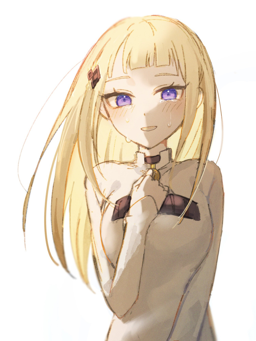 0123iv, 1girl, blonde_hair, blush, crying, crying_with_eyes_open, dress, hair_ornament, hand_on_own_chest, highres, long_hair, open_mouth, re:zero_kara_hajimeru_isekai_seikatsu, sylphy_(re:zero), tears, violet_eyes, white_background, white_dress