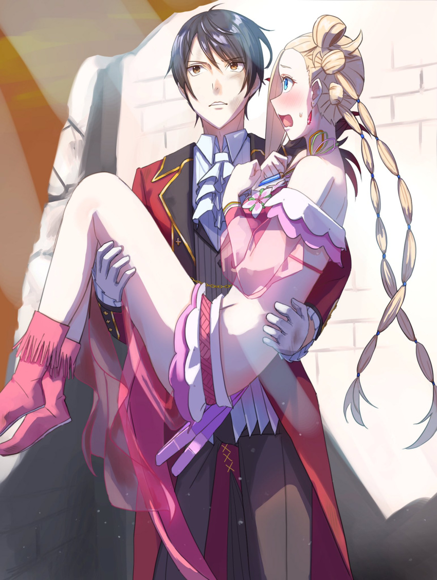 1boy, 1girl, bikini, black_hair, black_pants, blonde_hair, blue_eyes, blush