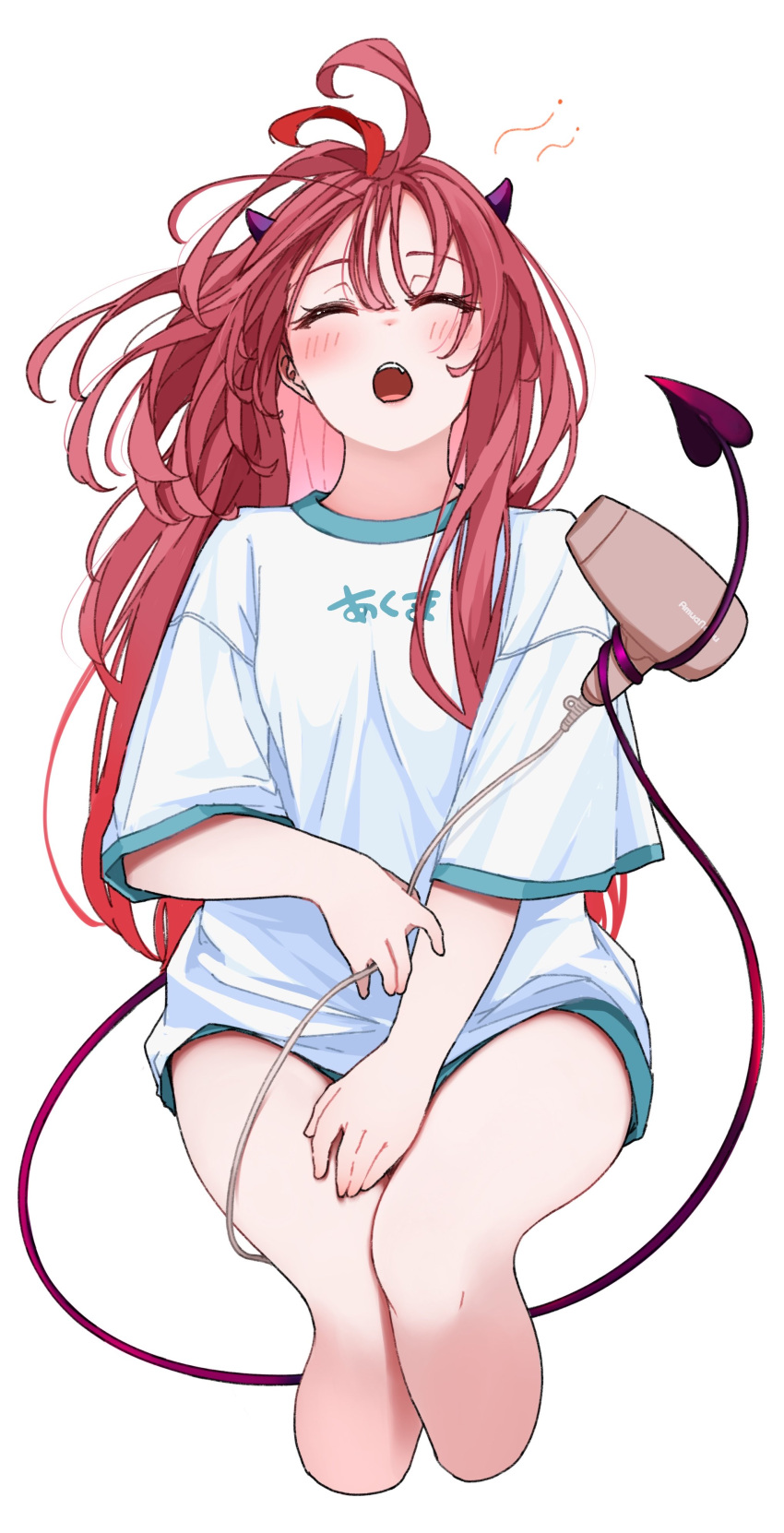 1girl, absurdres, closed_eyes, commentary, cone_horns, cropped_legs, drying, drying_hair
