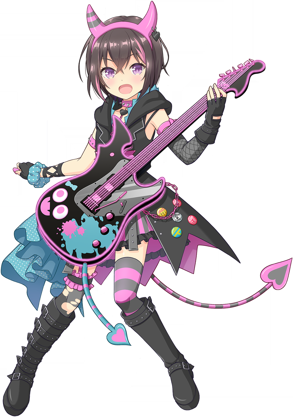 1girl, asymmetrical_legwear, black_boots, black_gloves, black_hair, black_thighhighs, boots, demon_tail
