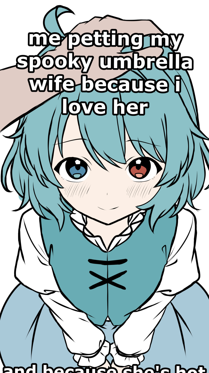 1girl, absurdres, aqua_vest, blue_eyes, blue_hair, blue_vest, burukyu, hand_on_another's_head, headpat, heterochromia, highres, juliet_sleeves, karakasa_obake, long_sleeves, looking_at_viewer, me_petting_my_cat_(meme), meme, out_of_frame, pov, pov_hands, puffy_sleeves, red_eyes, shirt, short_hair, skirt, smile, tatara_kogasa, touhou, tsukumogami, umbrella, vest