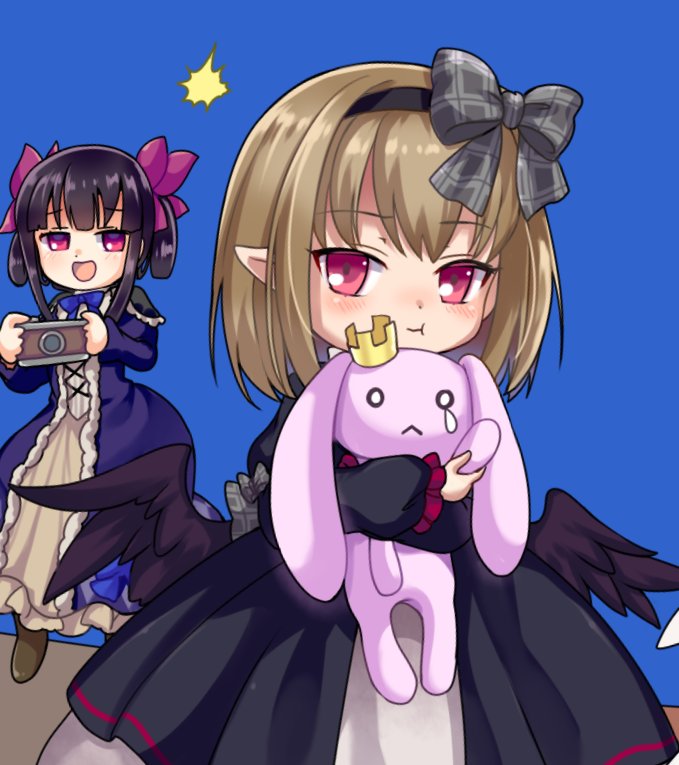 2girls, :t, black_dress, black_hair, black_hairband, black_ribbon, black_wings, blonde_hair