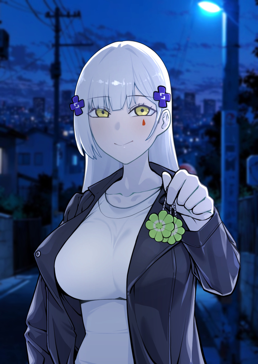 1girl, alternate_costume, black_jacket, blurry, blurry_background, closed_mouth, collarbone, commentary_request