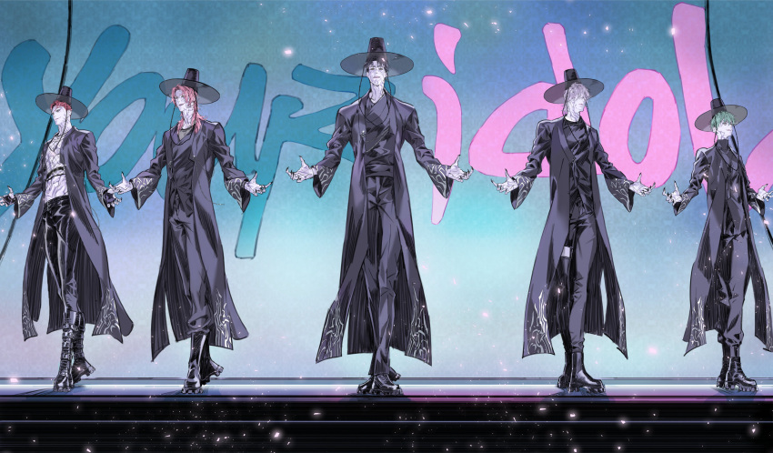 5boys, abby_(kpop_demon_hunters), absurdres, baby_(kpop_demon_hunters), black_boots, black_coat, black_hair, black_hat