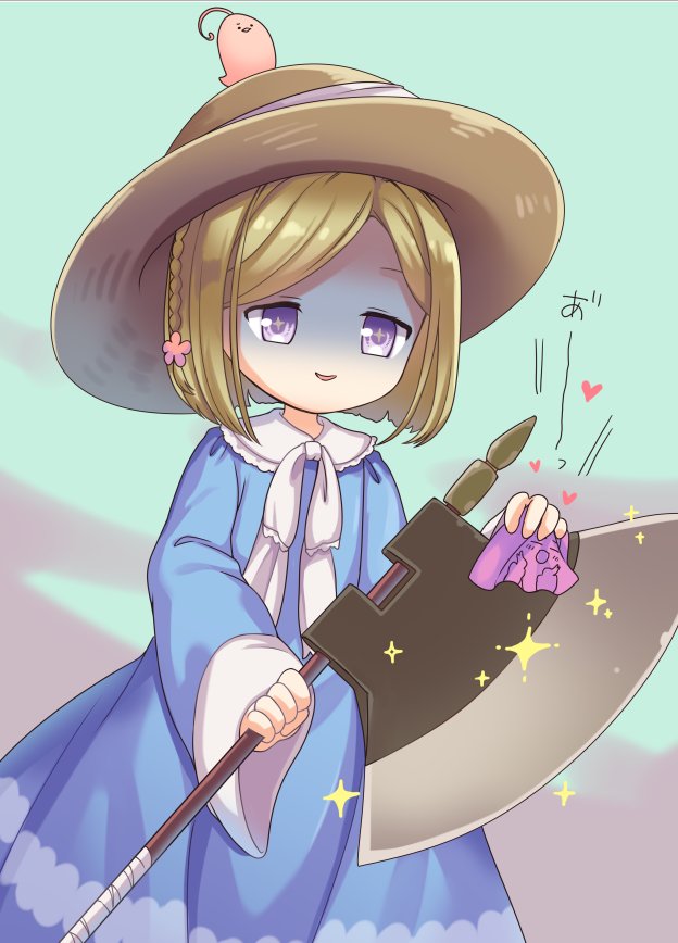 1girl, animal_on_head, axe, blonde_hair, blue_dress, braid, breasts, capelet