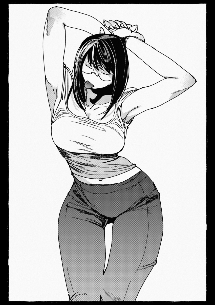 1girl, :p, arms_behind_head, black_border, border, breasts, cowboy_shot, glasses