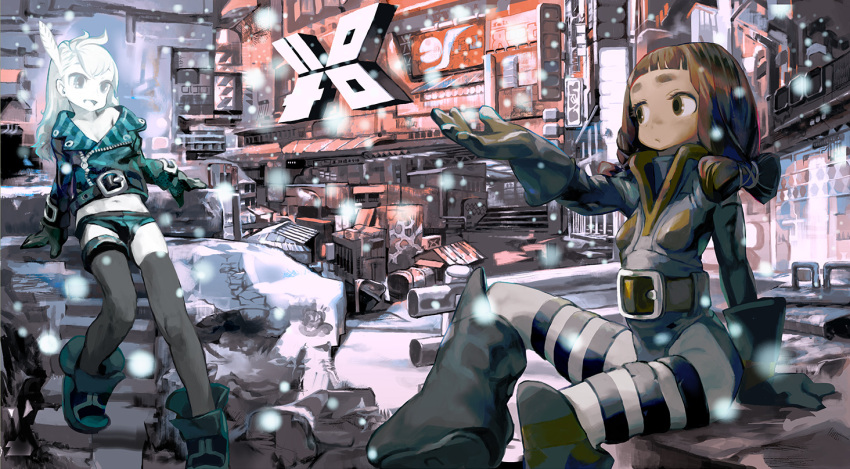 brown_eyes, brown_hair, city, gloves, kawaguchi_youhei, multiple_girls, original, snow