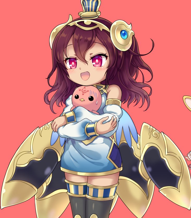 1girl, animal, bare_shoulders, black_thighhighs, blue_dress, blue_sleeves, blue_wings, breasts, brown_hair, detached_sleeves, dress, emil_chronicle_online, floating, floating_object, hair_ornament, holding, holding_animal, iris_anemone, isis_(eco), open_mouth, red_background, sleeveless, sleeveless_dress, small_breasts, thigh-highs, violet_eyes, wings