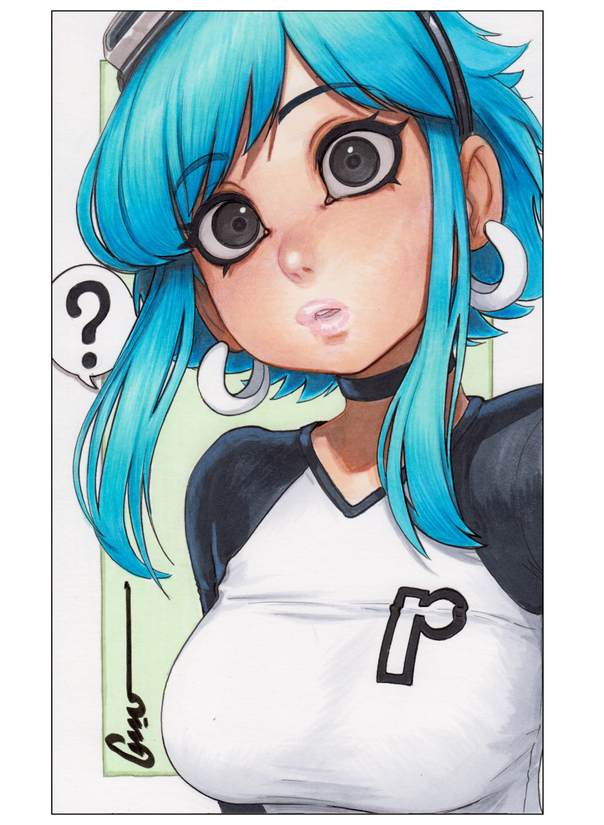 1girl, ?, aqua_hair, artist_name, black_choker, black_eyes, black_shirt, border