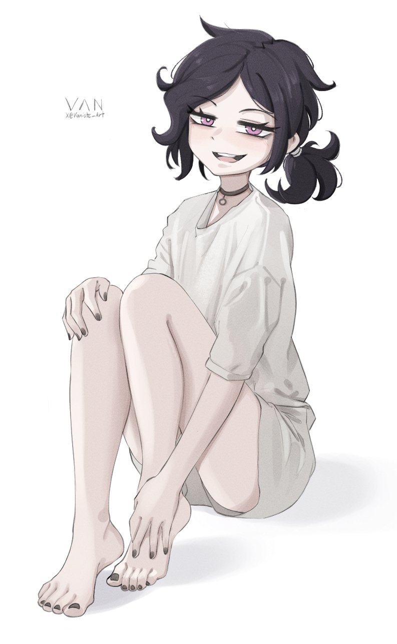 1girl, :d, artist_name, ashley_graves, bags_under_eyes, barefoot, black_choker, black_hair