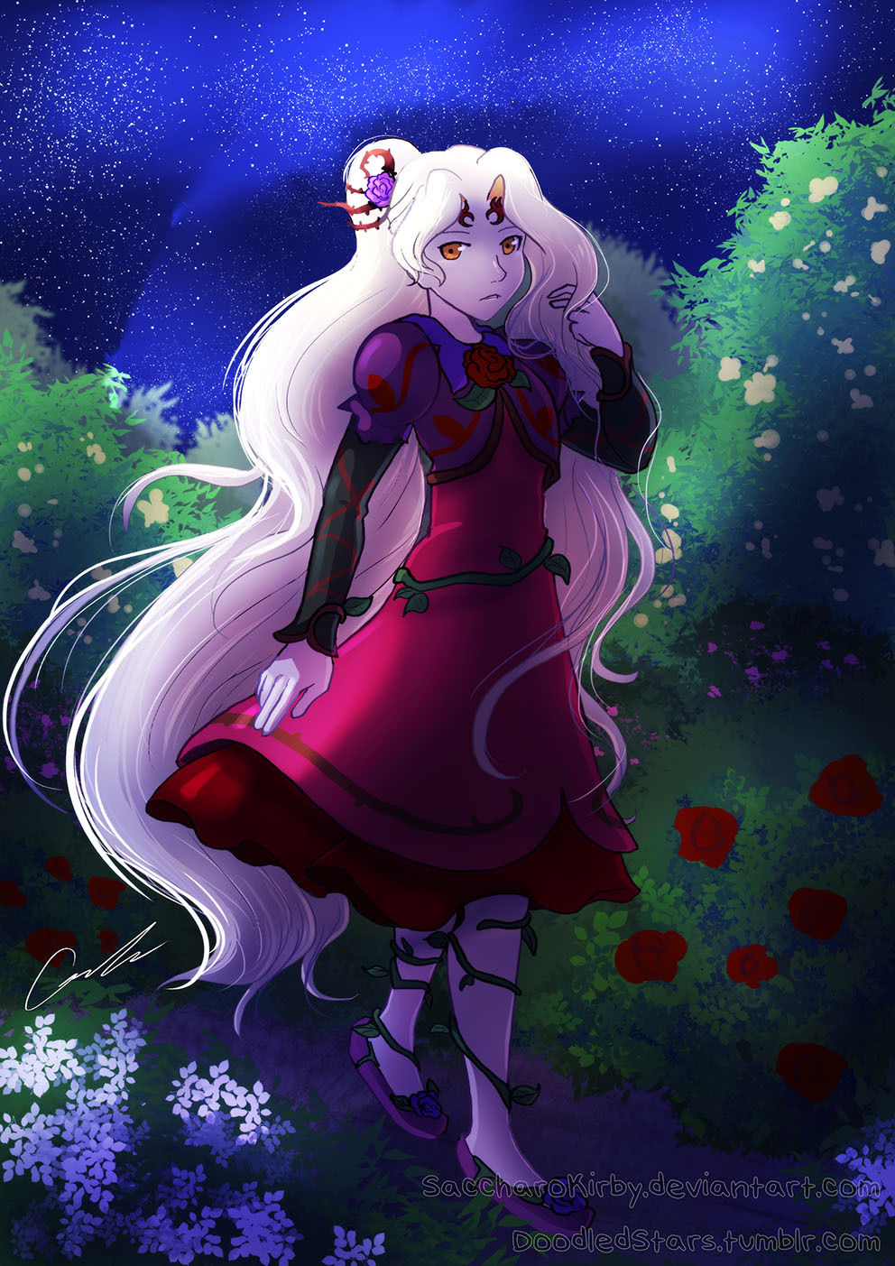1girl, blonde_hair, brown_eyes, commission, doodledstars, dress, flower, full_body