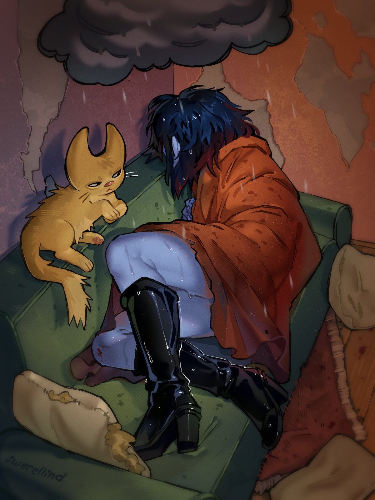 1boy, 1girl, animalization, artist_name, black_boots, black_hair, bleeding, blood