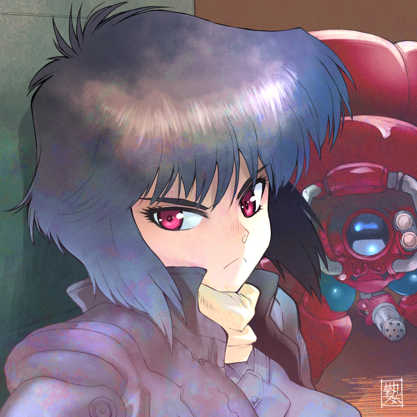 absurdres, against_wall, angry, artist_name, black_shirt, blush, bob_cut, bright_pupils, brown_jacket, close-up, closed_mouth, commentary, eyelashes, from_side, frown, fuchikoma, gatling_gun, ghost_in_the_shell, high_collar, highres, inverted_bob, jacket, kikumaru_bunta, kusanagi_motoko, looking_at_viewer, looking_to_the_side, non-humanoid_robot, nose_blush, open_clothes, open_jacket, portrait, purple_hair, red_eyes, redrawn, robot, scarf, shirow_masamune_(style), shirt, short_hair, signature, translated, v-shaped_eyebrows, yellow_scarf