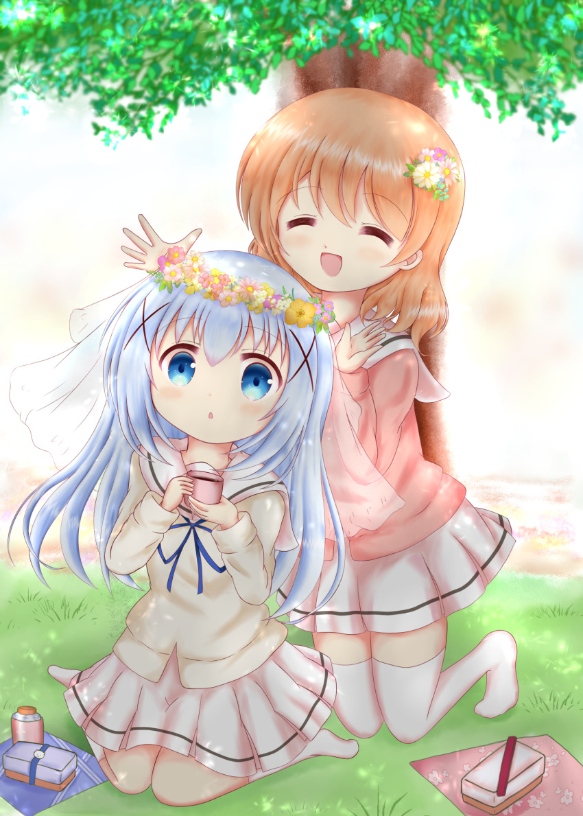 blue_eyes, blue_hair, blush, bottle, bush, chestnut_mouth, closed_eyes, cup