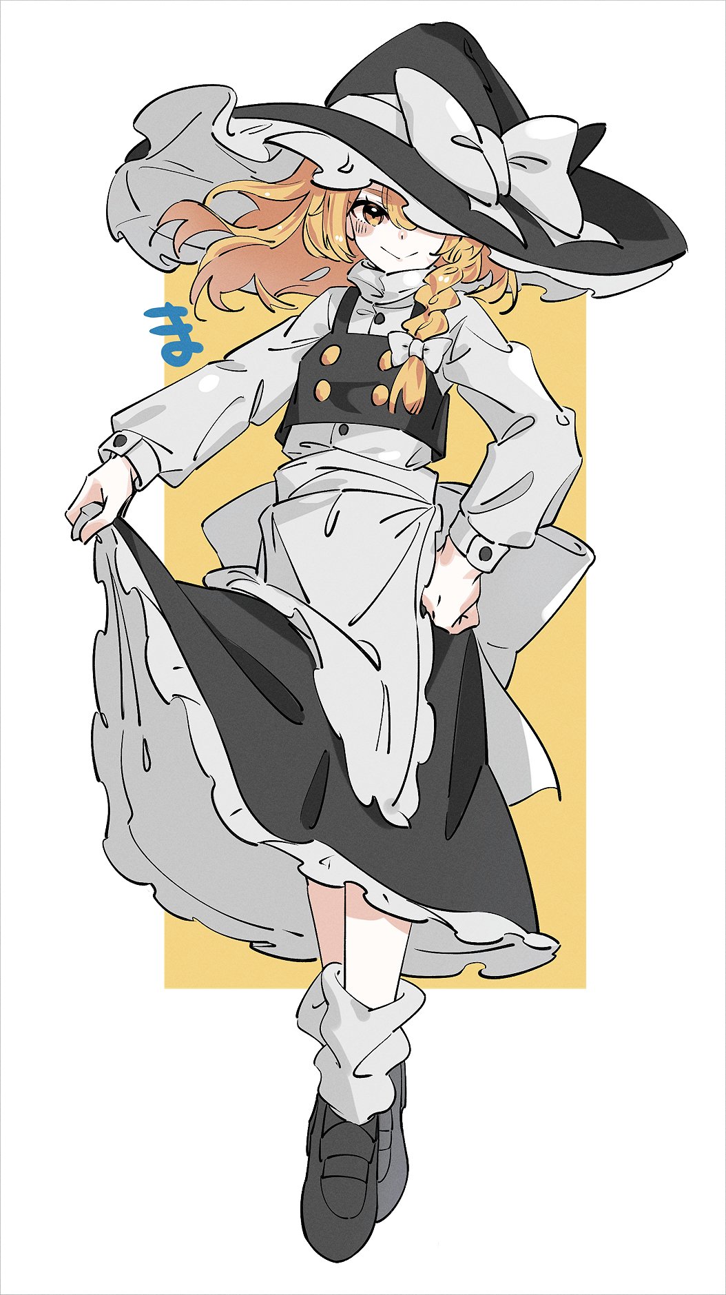 1girl, apron, asymmetrical_hair, black_hat, black_shoes, black_skirt, black_vest, blonde_hair