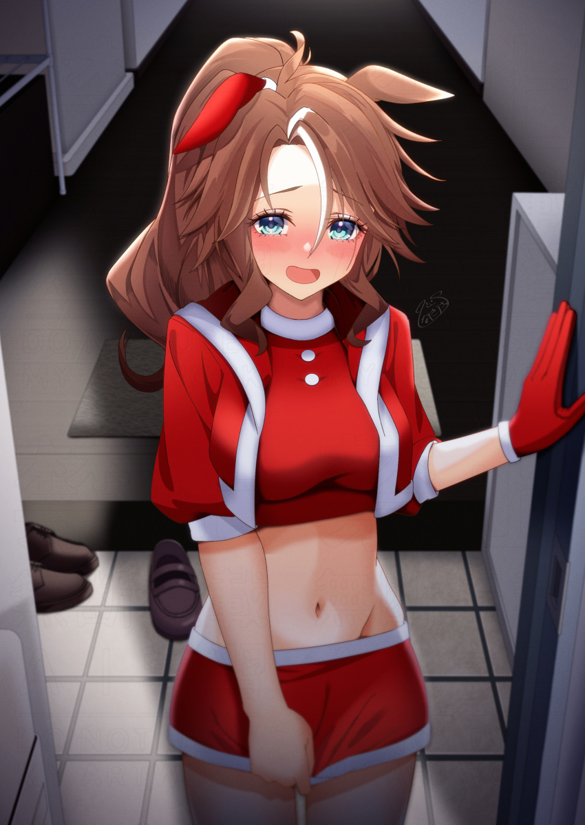 1girl, absurdres, animal_ears, blue_eyes, blush, breasts, brown_hair, christmas, ear_covers, embarrassed, floor, gloves, hallway, highres, horse_ears, horse_girl, inukai_nagisa, jacket, looking_at_viewer, mejiro_palmer_(umamusume), midriff, navel, open_door, parted_bangs, ponytail, red_gloves, red_jacket, red_skirt, shoes, signature, single_glove, skirt, skirt_tug, smile, solo, umamusume