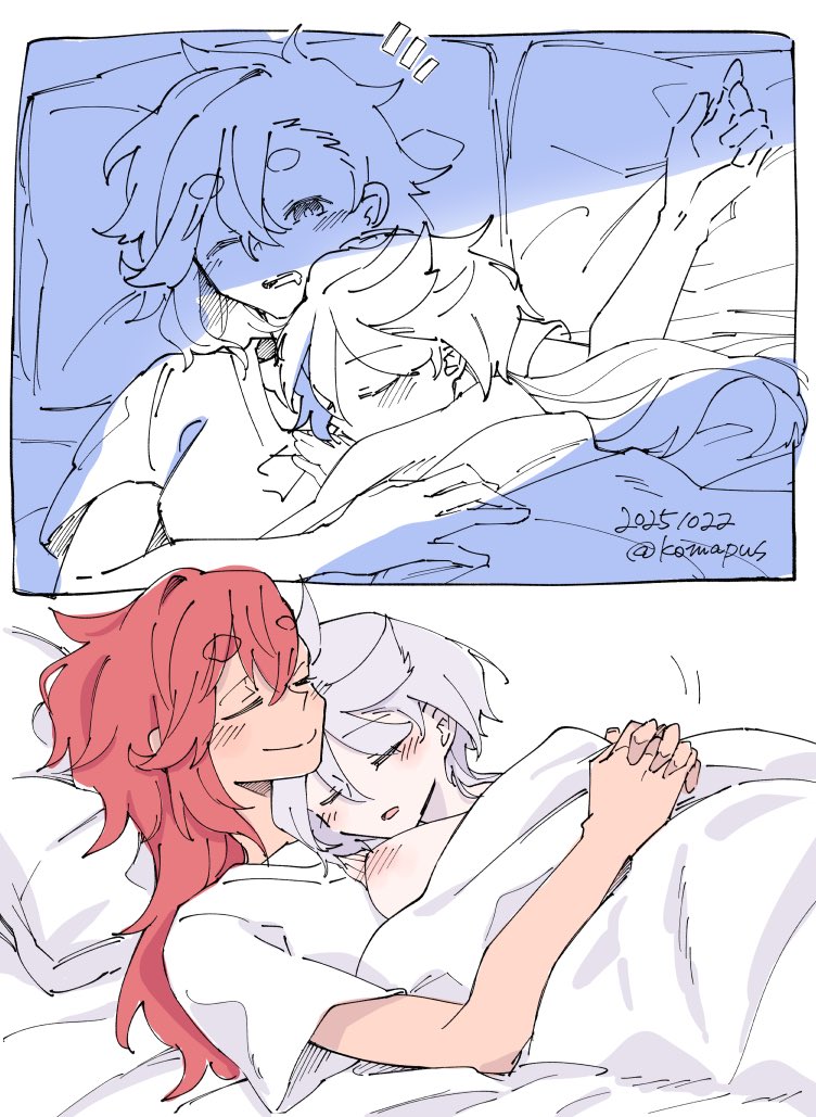 2girls, blush, closed_eyes, closed_mouth, commentary_request, cuddling, dated, gundam