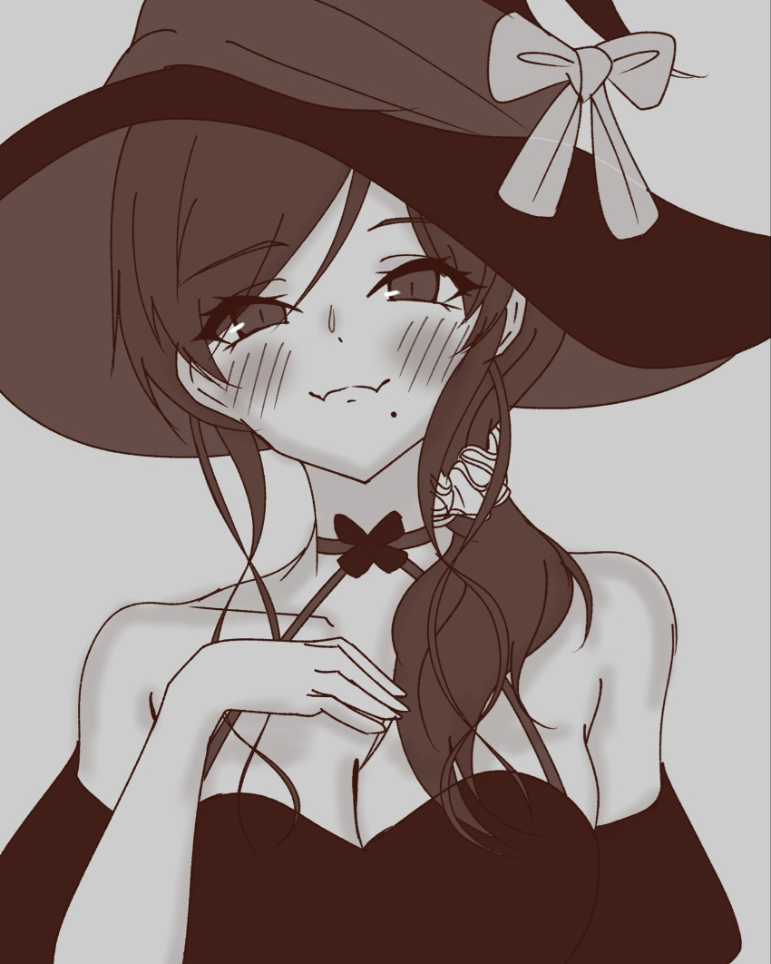 1girl, :3, bare_shoulders, black_dress, black_hat, blush, breasts, brown_hair, choker, dress, hat, hat_ribbon, highres, large_breasts, looking_at_viewer, mole, mole_under_eye, monochrome, noel_(tsukihime), ribbon, smile, tadano_mash, tsukihime, tsukihime_(remake), upper_body, witch_hat
