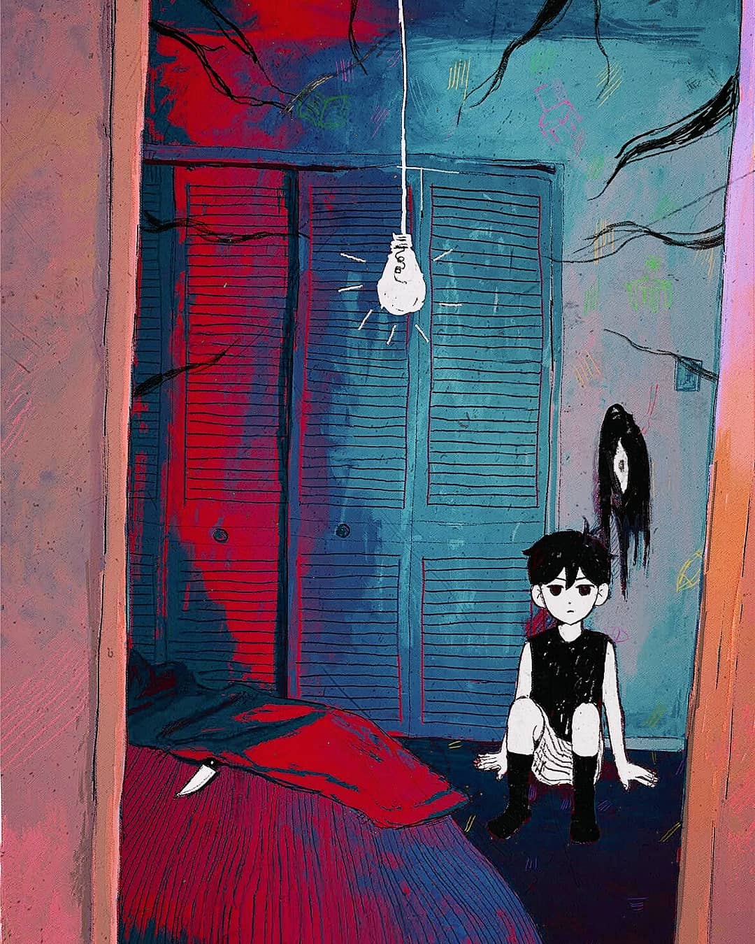 1boy, antenna_hair, arm_support, bed, black_eyes, black_hair, black_socks, black_tank_top