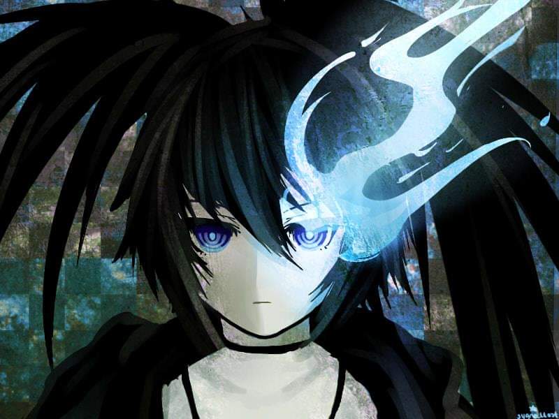 1girl, black_choker, black_hair, black_rock_shooter, black_rock_shooter_(character), blue_eyes, blue_fire, choker, fire, flaming_eye, glowing, glowing_eye, long_hair, pale_skin, sygnallost, twintails, uneven_twintails, upper_body