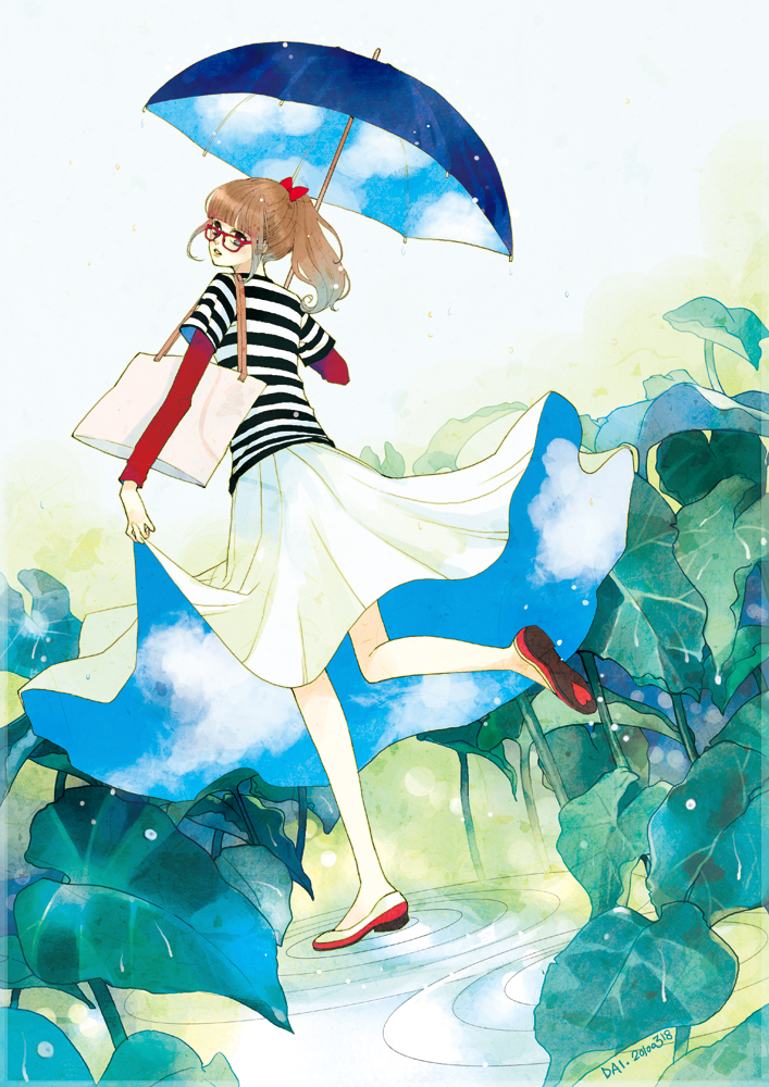 brown_hair, cloud, clouds, daisy_(artist), dress, glasses, leaf, original
