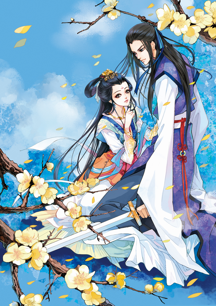 chinese_clothes, chinese_clothing, cloud, clouds, couple, daisy_(artist), flower, hair_ornament