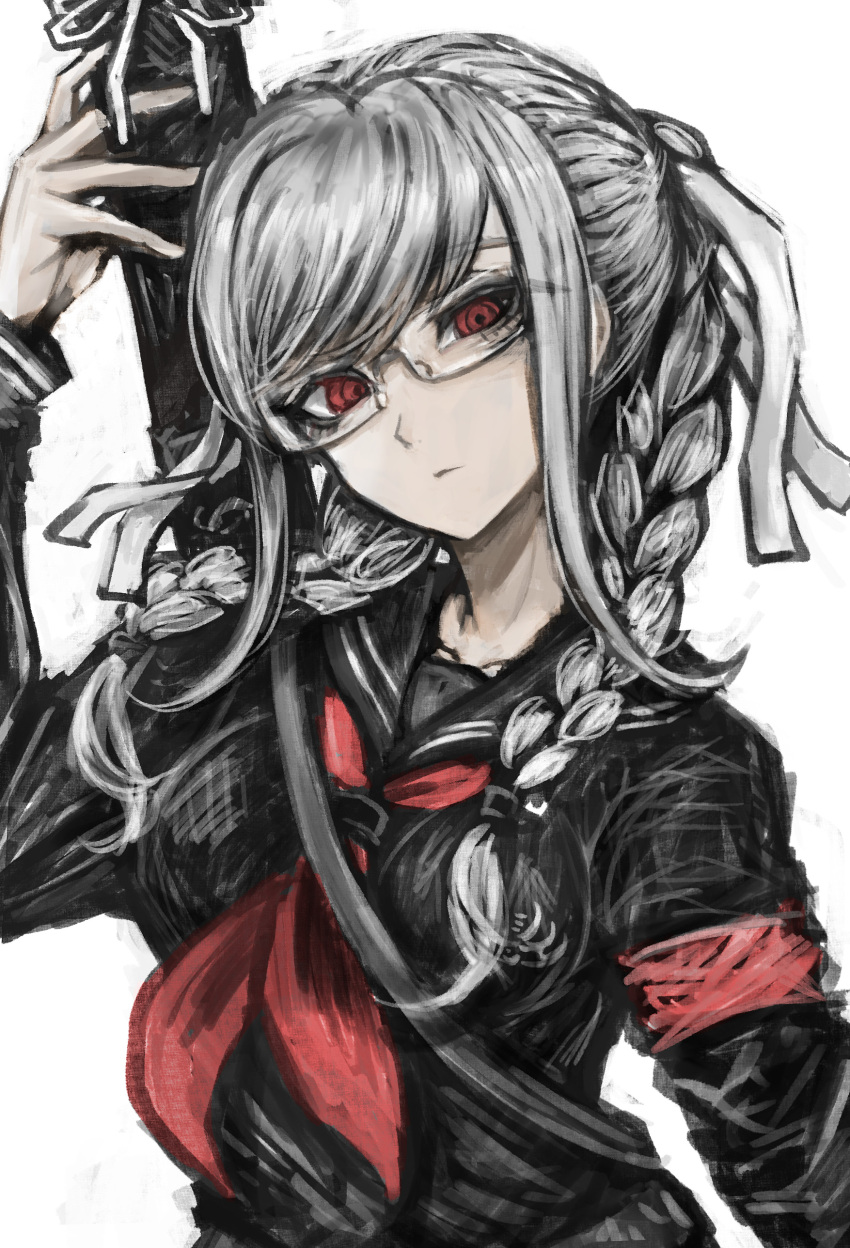 1girl, absurdres, armband, black_shirt, braid, collared_shirt, danganronpa_(series), danganronpa_2:_goodbye_despair, glasses, grey_hair, hair_ornament, hair_ribbon, hand_up, highres, long_hair, long_sleeves, necktie, pekoyama_peko, red_armband, red_eyes, red_necktie, ribbon, shirt, simple_background, solo, tsukihi_shida, twin_braids, twintails, upper_body