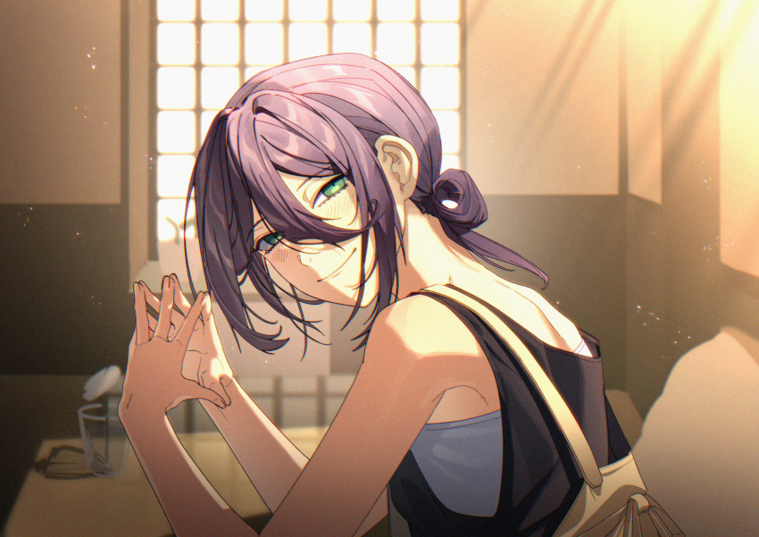 1girl, absurdres, apron, black_shirt, chainsaw_man, closed_mouth, cup, flower