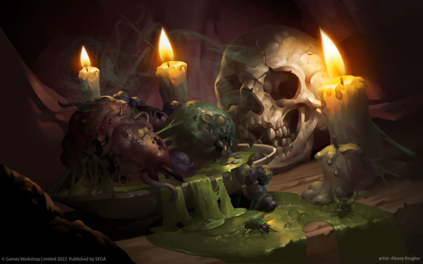 absurdres, alexeykruglov, bowl, bug, chaos_(warhammer), demon, fly, highres, lit_fuse, no_humans, official_art, rotten, shadow, skull, still_life, total_war, total_war:_warhammer, warhammer_fantasy