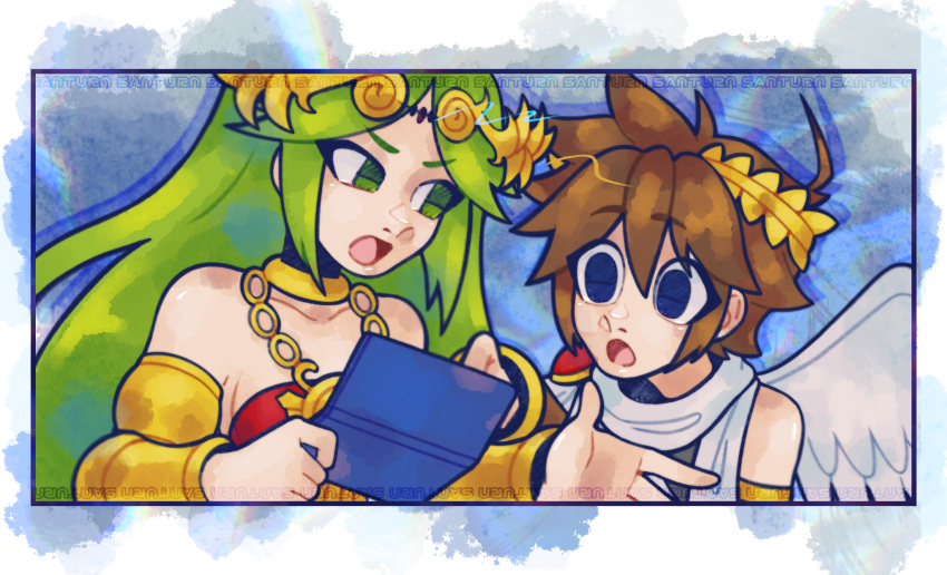 1boy, 1girl, ahoge, angel, angel_wings, brown_hair, chain, derivative_work, drop_shadow, gold_chain, green_eyes, green_hair, handheld_game_console, highres, holding, holding_handheld_game_console, kid_icarus, kid_icarus_uprising, kid_icarus_uprising_tutorial_redraw_(meme), laurel_crown, meme, nintendo_3ds, open_mouth, palutena, pit_(kid_icarus), santurn, scarf, upper_body, watermark, white_scarf, wings