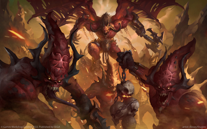 absurdres, alexeykruglov, axe, battle_axe, bloodthirster, chaos_(warhammer), colored_tongue, demon