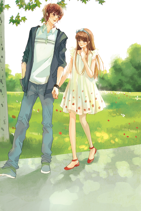 brown_hair, couple, daisy_(artist), dress, grass, hand_holding, holding_hands, original