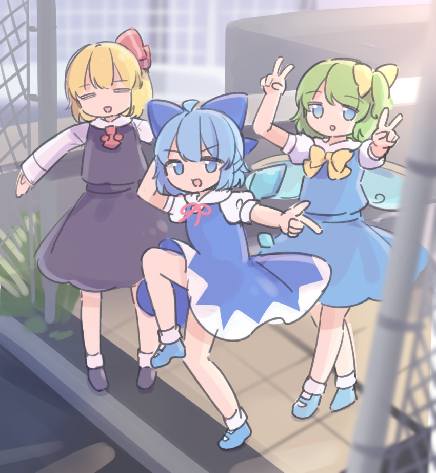 3girls, ascot, black_shoes, black_vest, blonde_hair, blue_bow, blue_dress, blue_eyes