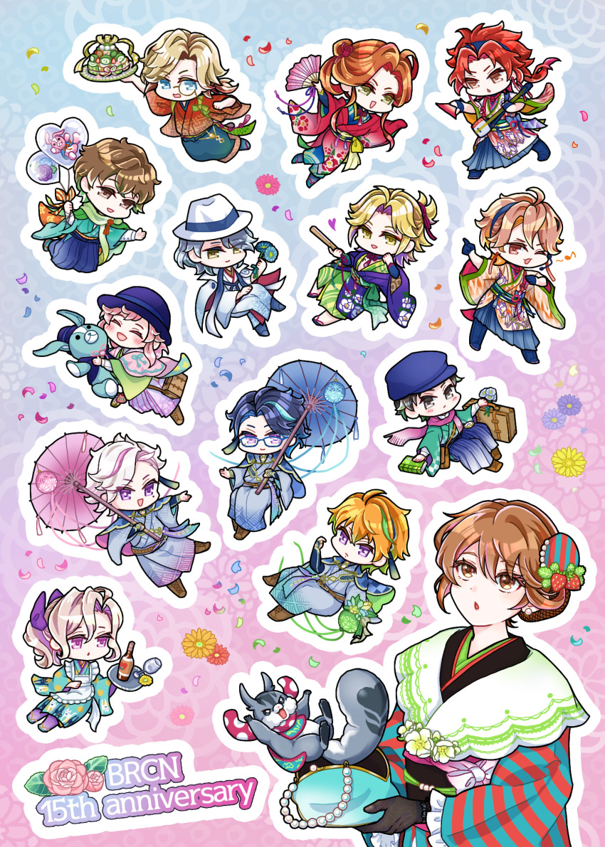 1girl, 6+boys, anniversary, apron, asahina_azusa, asahina_fuuto, asahina_hikaru_(brothers_conflict), asahina_iori