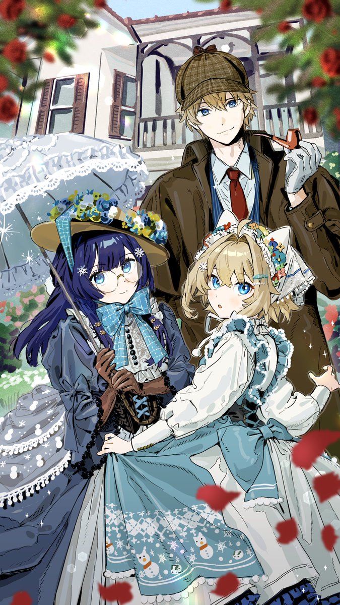 1boy, 2girls, blonde_hair, blue_dress, blue_eyes, brother_and_sister, brown_coat, brown_gloves, brown_hat, coat, commentary_request, detective, dress, fusuma_(nohbrk), gepard_landau, glasses, gloves, guest_art, hat, highres, holding, holding_smoking_pipe, holding_umbrella, honkai:_star_rail, honkai_(series), long_hair, lynx_landau, multiple_girls, necktie, pela_(honkai:_star_rail), purple_hair, red_necktie, short_hair, siblings, smoking_pipe, umbrella, victorian, violet_eyes