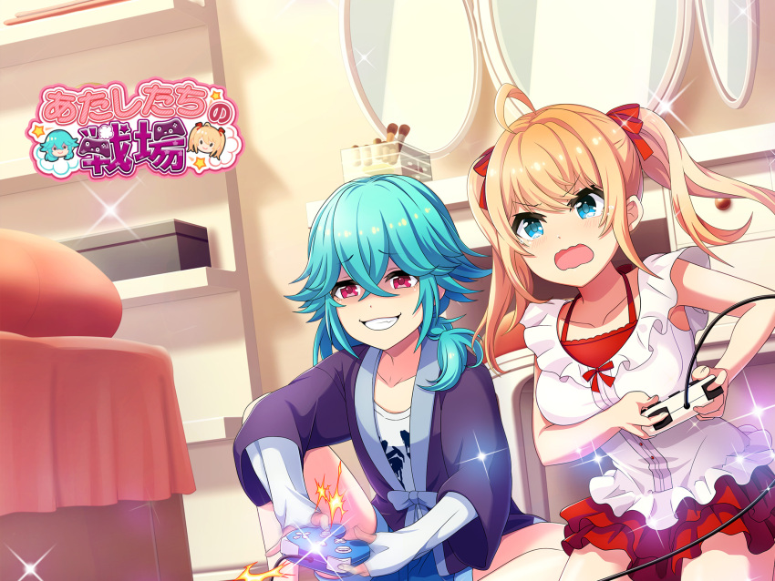 2girls, ^^^, ahoge, aya_(project_tokyo_dolls), bathrobe, bed, blonde_hair, blue_hair, blush, bow, bowtie, breasts, collarbone, competition, controller, desk, dot_nose, drawer, dress, dutch_angle, elbow_gloves, fingerless_gloves, frilled_dress, frills, game_controller, gloves, grin, hair_between_eyes, hair_bow, highres, holding, holding_controller, holding_game_controller, indoors, knee_up, kneeling, large_breasts, medium_hair, mirror, motion_blur, multiple_girls, official_art, on_floor, open_mouth, playing_games, project_tokyo_dolls, purple_robe, red_bow, red_bowtie, red_eyes, red_skirt, robe, second-party_source, shaded_face, shelf, shirt, side_ponytail, sidelocks, sitting, skirt, smile, sparkle, tearing_up, translated, twintails, wavy_mouth, white_dress, white_gloves, white_shirt, yamada_(project_tokyo_dolls)