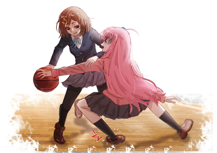 >_<, 2girls, ball, basketball, basketball_(object), black_jacket, black_pantyhose, black_skirt, black_socks, blue_ribbon, bocchi_the_rock!, brown_eyes, brown_hair, collared_shirt, crossover, cube_hair_ornament, gotoh_hitori, grey_skirt, hair_ornament, hairclip, hh_(hehexd06161704), highres, hirasawa_yui, holding, holding_another's_arm, holding_ball, jacket, k-on!, long_hair, long_sleeves, medium_hair, multiple_girls, neck_ribbon, open_mouth, pantyhose, pink_hair, pink_track_suit, pleated_skirt, ribbon, sakuragaoka_high_school_uniform, school_uniform, shaded_face, shirt, side_ahoge, simple_background, skirt, socks, tearing_up, teeth, track_jacket, track_suit, upper_teeth_only, white_background, white_shirt