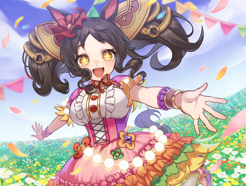 +_+, 1girl, :d, amazakura, animal_ears, blue_sky, breasts, brown_eyes
