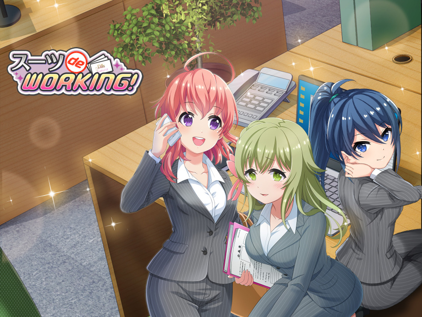 3girls, :d, ahoge, blue_eyes, blue_hair, blush, breasts, business_suit