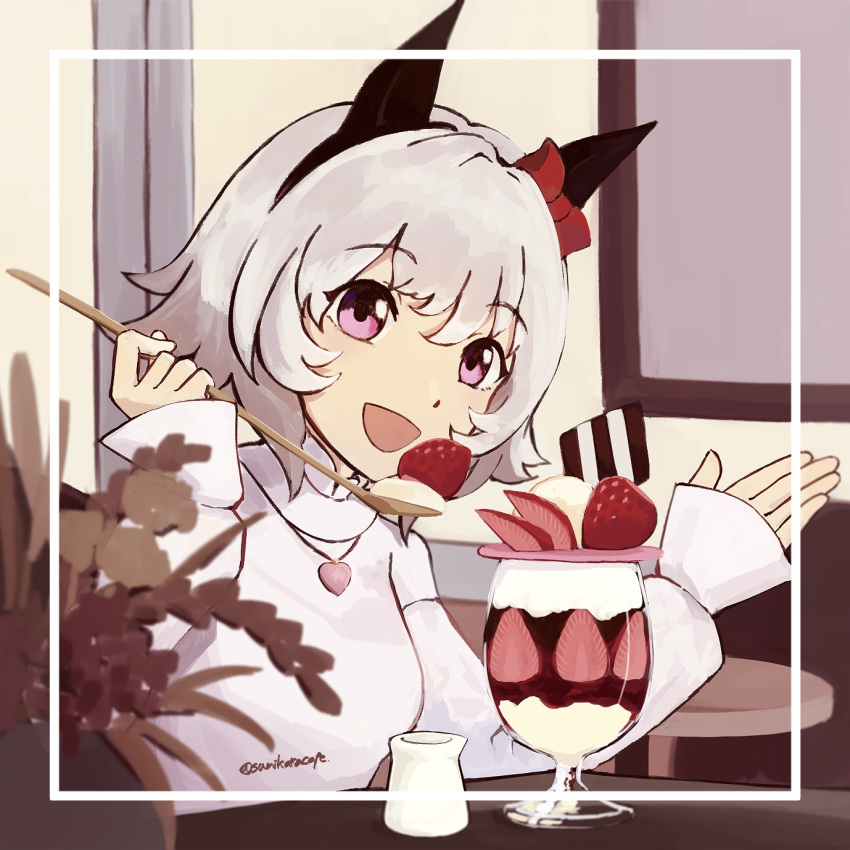 1girl, 253_bcl_24282, black_hairband, blue_eyes, bow, creamer_(vessel), curren_chan_(umamusume), ear_bow, food, fruit, grey_hair, hairband, hands_up, highres, ice_cream, jewelry, long_sleeves, necklace, open_mouth, plant, potted_plant, red_bow, shirt, short_hair, sliced_fruit, smile, solo, strawberry, sundae, twitter_username, umamusume, white_shirt