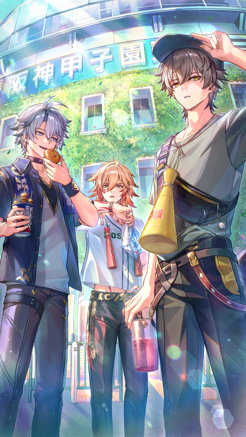 3boys, absurdres, adjusting_clothes, adjusting_headwear, antenna_hair, baseball_cap, baseball_stadium, belt