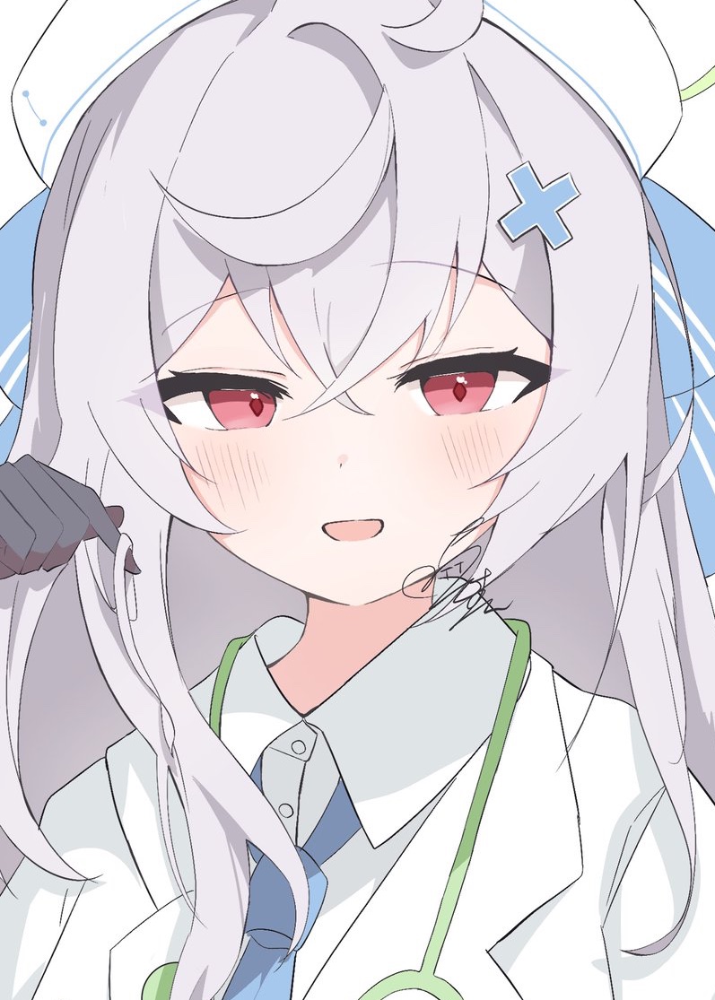 1girl, beatrixa_(stella_sora), blue_necktie, collared_shirt, commentary, crossed_bangs, double-parted_bangs, dress_shirt, grey_hair, hair_ornament, hat, long_hair, looking_at_viewer, necktie, nurse_cap, portrait, red_eyes, shirt, signature, stella_sora, stethoscope_around_neck, symbol-only_commentary, white_hat, white_shirt, x_hair_ornament, yukou_sui