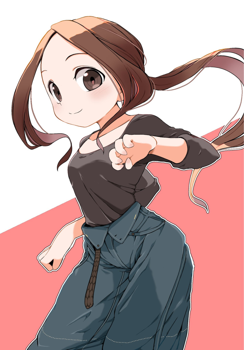1girl, black_shirt, blue_pants, brown_eyes, brown_hair, closed_mouth, commentary_request, cowboy_shot