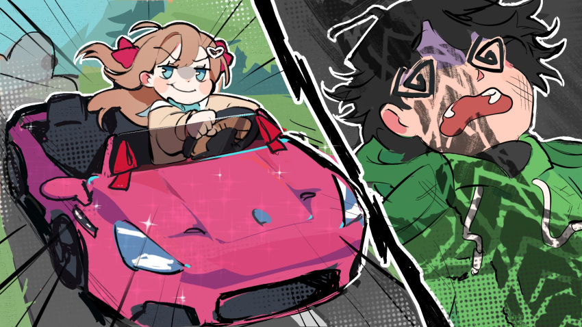 1boy, 1girl, @_@, ahoge, aqua_eyes, blush, blush_stickers, brown_hair