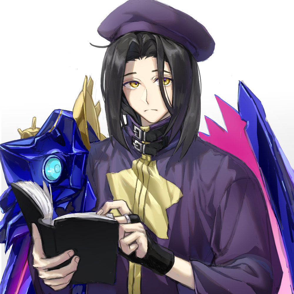 1boy, beret, black_hair, book, bridal_gauntlets, hat, holding, holding_book