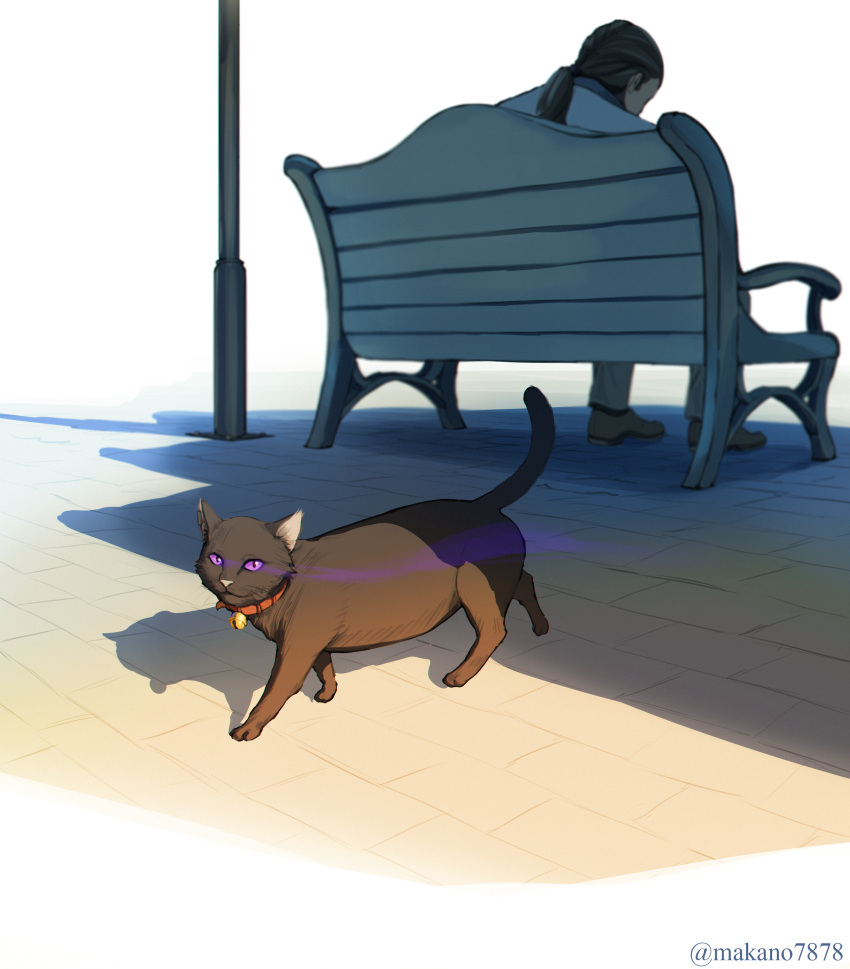 1boy, absurdres, animal_focus, bell, bench, black_cat, black_fur, border