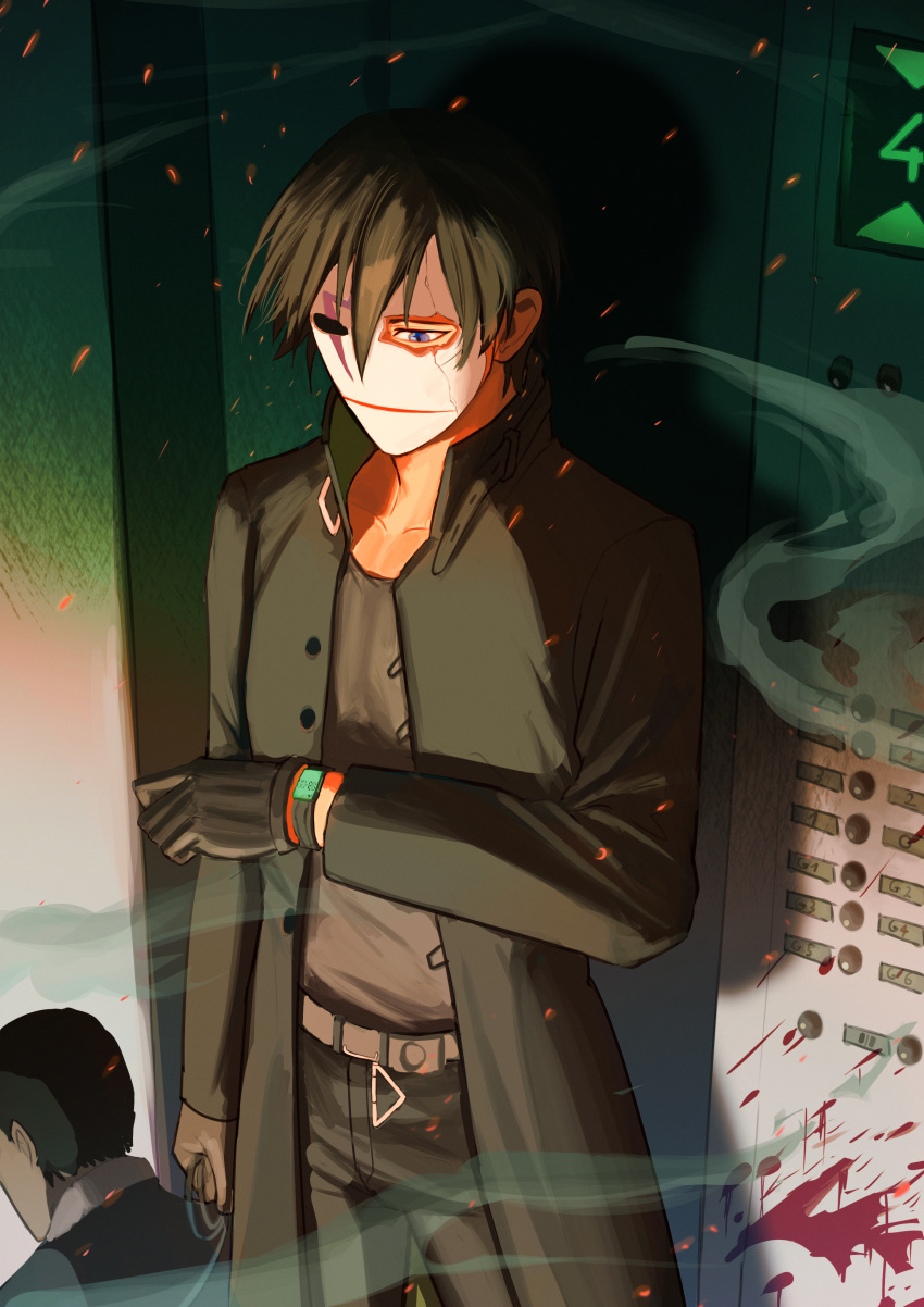 2boys, absurdres, belt, black_coat, black_gloves, black_hair, black_pants, blood